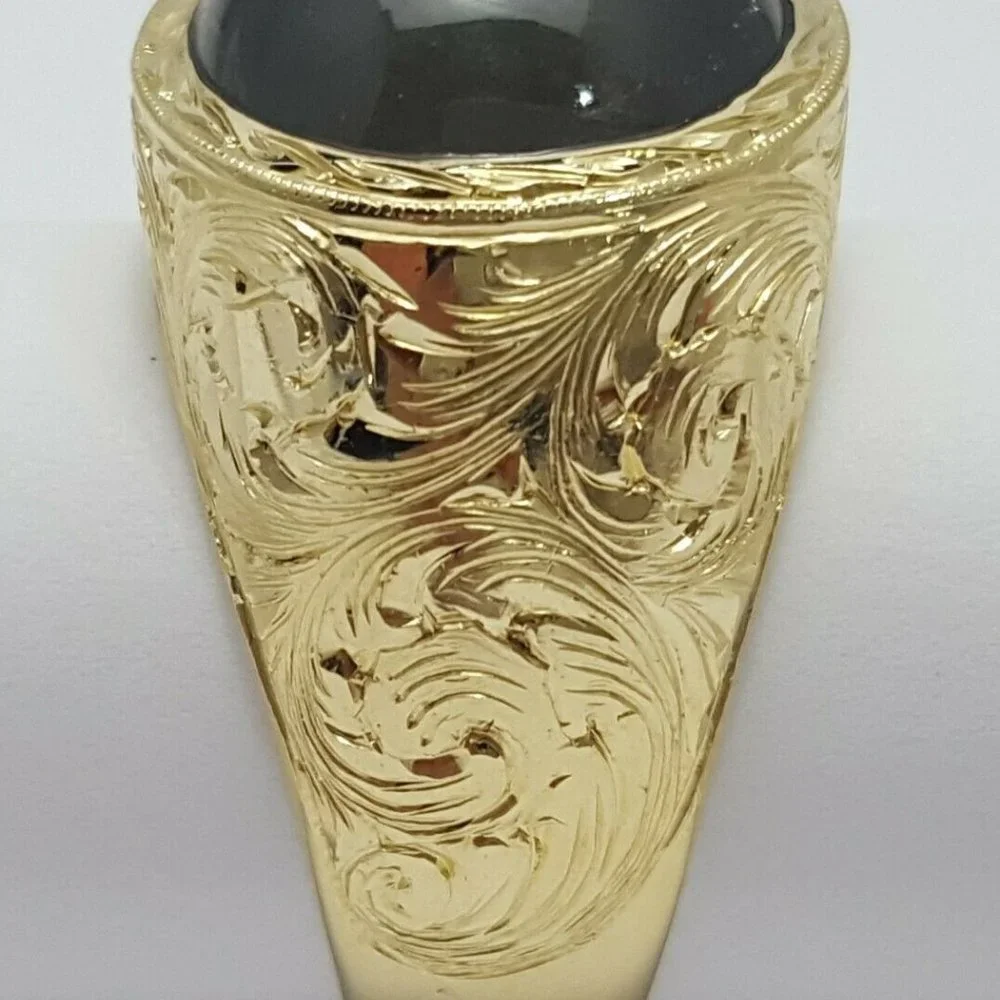 Yellow Gold 18K Karat Designer Gold Ring w/ Greenish Gray Sapphire GIA Certified
